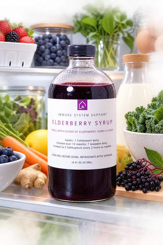 The Syrup Shop elderberry syrup stored refrigerated for freshness